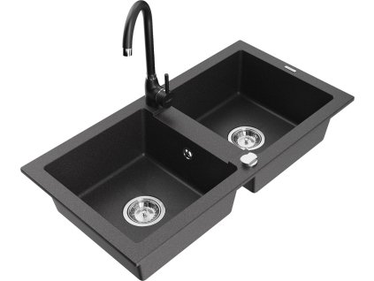 MEXEN/S - Mario granitový dřez 2-bowl včetně baterie Telma, černá kropenatá 6504-76-670200-70