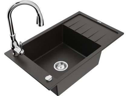 MEXEN/S - Elias Elias granitový dřez 1-miska s odkapávačem včetně baterie Savita, černá/zlatá metalik 6511-75-672601-00