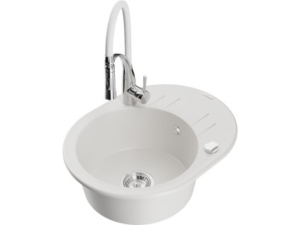 MEXEN/S - Kevin granitový dřez s odkapávačem včetně baterie Aster, bílá 6517-20-73450-02