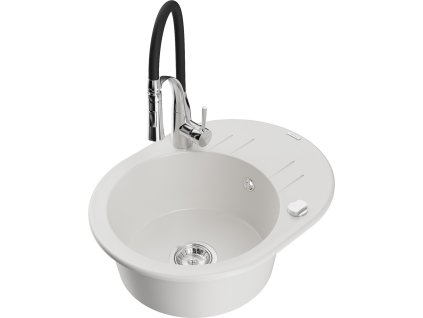 MEXEN/S - Kevin granitový dřez s odkapávačem včetně baterie Aster, bílá 6517-20-73450-07