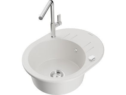 MEXEN/S - Kevin granitový dřez 1-miska s odkapávačem včetně baterie Flora, bílá 6517-20-670401-00