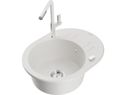 MEXEN/S - Kevin granitový dřez 1-miska s odkapávačem včetně baterie Flora, bílá 6517-20-670401-02