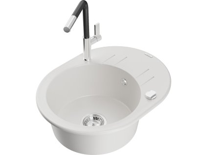 MEXEN/S - Kevin granitový dřez 1-miska s odkapávačem včetně baterie Flora, bílá 6517-20-670401-07