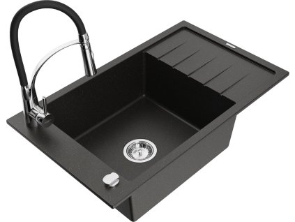 MEXEN/S - Elias granitový dřez s odkapávačem včetně baterie Aster, černá/zlatá metalik 6511-75-73450-70