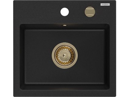 MEXEN/S - Milo granitový dřez 1-miska 435 x 410 mm, černý, zlatý sifon 6505441000-77-G