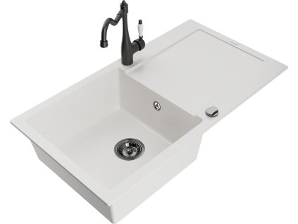 MEXEN/S - Leo granitový dřez 1-miska s odkapávačem včetně baterie Carla, bílá 6501-20-670700-70