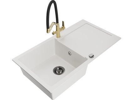 MEXEN/S - Leo granitový dřez 1-miska s odkapávačem včetně baterie Duo, bílá 6501-20-671701-57-B