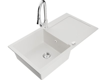 MEXEN/S - Leo granitový dřez 1-miska s odkapávačem včetně baterie Elia, bílá 6501-20-670101-00