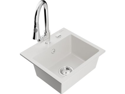 MEXEN/S - Milo granitový dřez 1-miska včetně baterie Elia, bílá 6505-20-670101-00