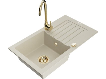 MEXEN/S - Pablo granitový dřez s odkapávačem včetně baterie Telma, béžová 6510-69-670200-50