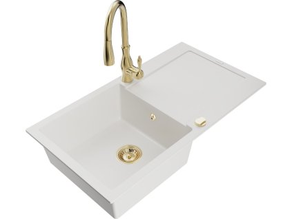 MEXEN/S - Leo granitový dřez 1-miska s odkapávačem včetně baterie Savita, bílá 6501-20-672601-50