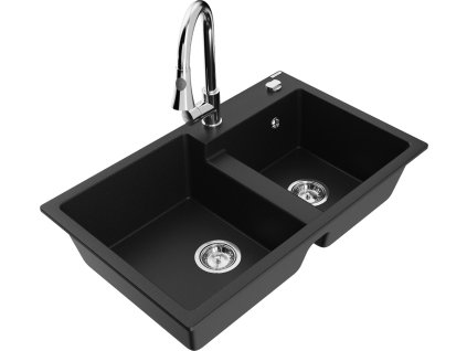 MEXEN/S - Tomas granitový dřez 2-bowl včetně baterie Elia, černá 6516-77-670101-00