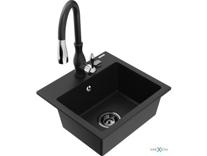MEXEN/S - Milo granitový dřez 1-miska včetně baterie Savita, černá 6505-77-672601-70-B