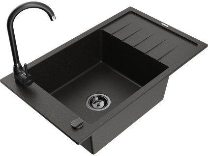 MEXEN/S - Elias granitový dřez s odkapávačem včetně baterie Telma, černá/zlatá 6511-75-670200-70-B