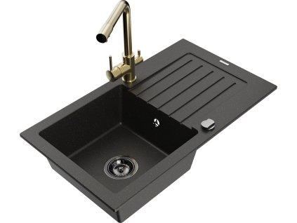 MEXEN/S - Pablo granitový dřez 1-miska včetně baterie Duero, černá/zlatá metalik 6510-75-671600-50-B