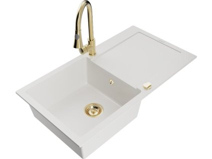 MEXEN/S - Leo granitový dřez 1-miska s odkapávačem včetně baterie Elia, bílá 6501-20-670101-50