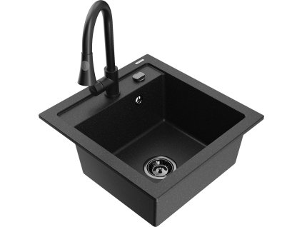 MEXEN/S - Vito granitový dřez 1-miska včetně baterie Elia, černá/stříbrná metalik 6503-73-670101-70-B