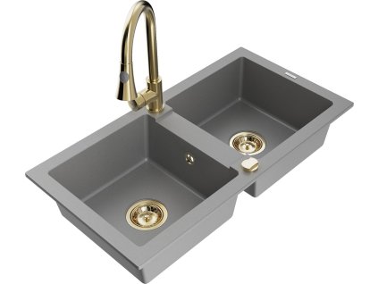 MEXEN/S - Mario granitový dřez 2-bowl včetně baterie Elia, šedá 6504-71-670101-50
