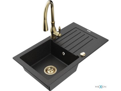 MEXEN/S - Pablo granitový dřez 1 s odkapávačem včetně baterie Savita, černá/stříbrná metalik 6510-73-672601-50