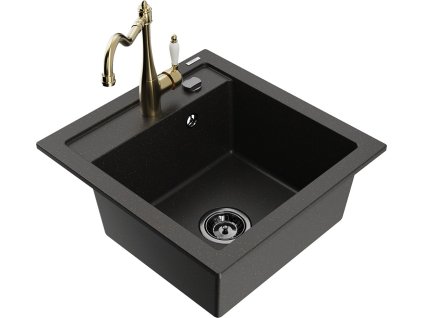 MEXEN/S - Vito granitový dřez 1-miska včetně baterie Carla, černá/zlatá metalik 6503-75-670700-50-B