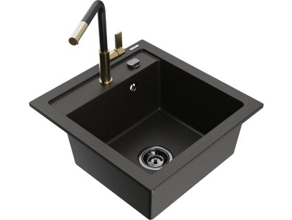 MEXEN/S - Vito granitový dřez 1-miska včetně baterie Flora, černá/zlatá metalik 6503-75-670401-57-B