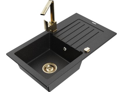 MEXEN/S - Pablo granitový dřez 1-miska s odkapávačem včetně baterie Rita, černý/stříbrný metali 6510-73-670300-50