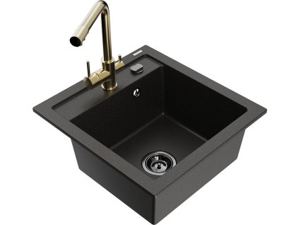 MEXEN/S - Vito granitový dřez 1-miska včetně baterie Duero, černá/zlatá metalik 6503-75-671600-50-B