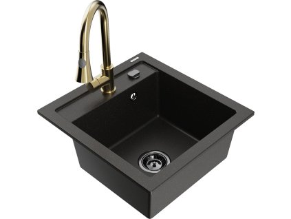 MEXEN/S - Vito granitový dřez 1-miska včetně baterie Elia, černá/zlatá metalik 6503-75-670101-50-B