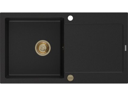 MEXEN/S - Leo granitový dřez 1-miska s odkapávačem 900 x 500 mm, černý, zlatý sifon 6501901010-77-G