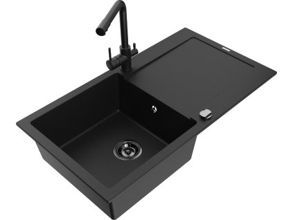 MEXEN/S - Leo granitový dřez s odkapávačem včetně baterie Duero, černá 6501-77-671600-70-B