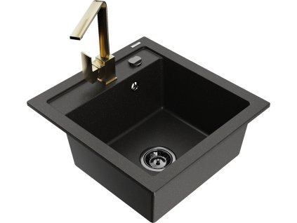 MEXEN/S - Vito granitový dřez 1-miska včetně baterie Rita, černá/zlatá metalik  6503-75-670300-50-B