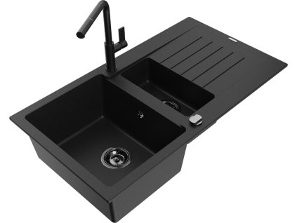 MEXEN/S - Matias granitový dřez 1.5 s odkapávačem včetně baterie Flora, černá  6502-77-670401-70-B