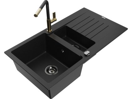 MEXEN/S - Matias granitový dřez 1.5 s odkapávačem včetně baterie Flora, černá  6502-77-670401-57-B