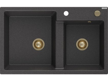 MEXEN/S - Tomas granitový dřez 2-bowl 800x500 mm, černá kropenatá, + zlatý sifon 6516802000-76-G