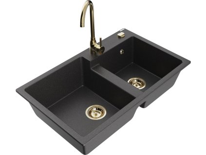 MEXEN/S - Tomas granitový dřez 2-bowl včetně baterie Telma, černá kropenatá 6516-76-670200-50
