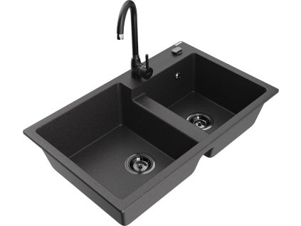 MEXEN/S - Tomas granitový dřez 2-bowl včetně baterie Telma, černá kropenatá 6516-76-670200-70-B