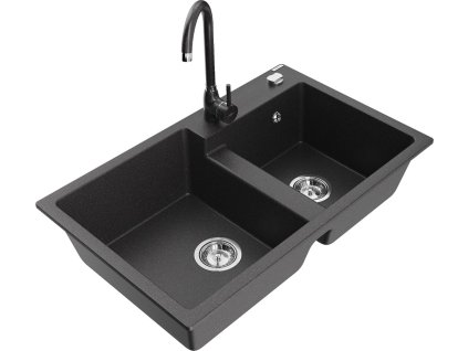 MEXEN/S - Tomas granitový dřez 2-bowl včetně baterie Telma, černá kropenatá 6516-76-670200-76