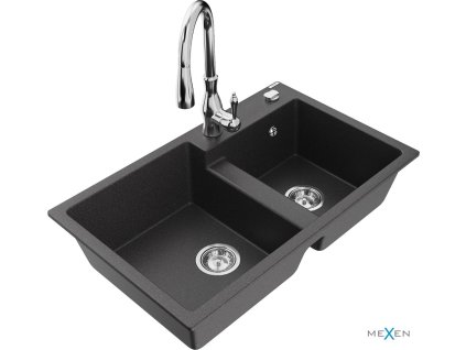 MEXEN/S - Tomas granitový dřez 2-bowl včetně baterie Savita, černá kropenatá 6516-76-672601-00