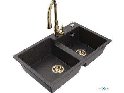 MEXEN/S - Tomas granitový dřez 2-bowl včetně baterie Savita, černá kropenatá 6516-76-672601-50