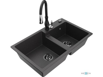 MEXEN/S - Tomas granitový dřez 2-bowl včetně baterie Savita, černá kropenatá 6516-76-672601-70-B