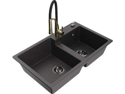 MEXEN/S - Tomas granitový dřez 2-bowl včetně baterie Aster, černá kropenatá 6516-76-73450-57-B