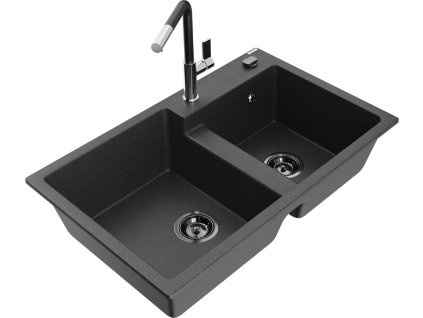 MEXEN/S - Tomas granitový dřez 2-bowl včetně baterie Flora, černá kropenatá 6516-76-670401-07-B