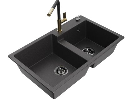 MEXEN/S - Tomas granitový dřez 2-bowl včetně baterie Flora, černá kropenatá 6516-76-670401-57-B