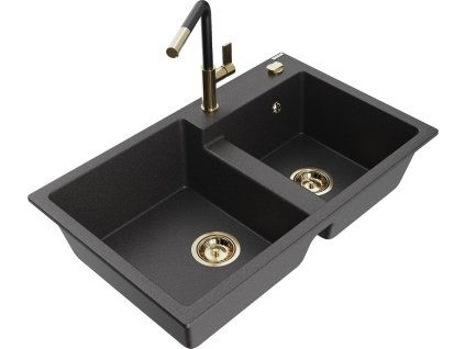 MEXEN/S - Tomas granitový dřez 2-bowl včetně baterie Flora, černá kropenatá 6516-76-670401-57-G