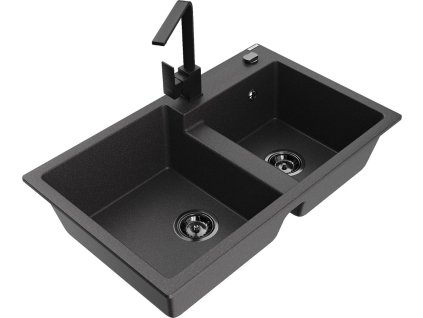 MEXEN/S - Tomas granitový dřez 2-bowl včetně baterie Rita, černá kropenatá 6516-76-670300-70-B