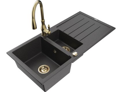 MEXEN/S - Andres granitový dřez s odkapávačem včetně baterie Savita, černá nakrapiany 6515-76-672601-50