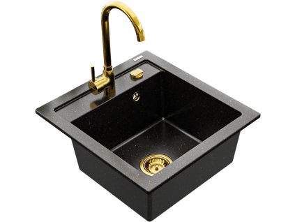MEXEN/S - Vito granitový dřez 1-miska včetně baterie Telma, černá/zlatý metalik 6503-75-670200-50