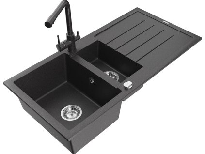 MEXEN/S - Andres granitový dřez s odkapávačem včetně baterie Duero, černá nakrapiany 6515-76-671600-76