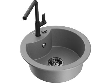 MEXEN/S - Diego granitový dřez 1-miska včetně baterie Flora, šedá 6512-71-670401-70-B