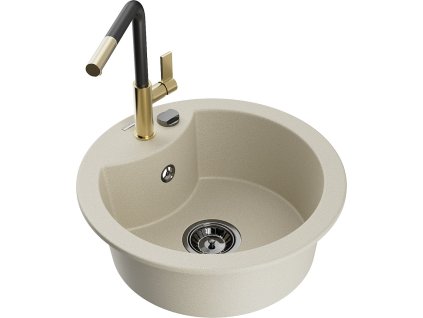 MEXEN/S - Diego granitový dřez 1-miska včetně baterie Flora, béžová 6512-69-670401-57-B